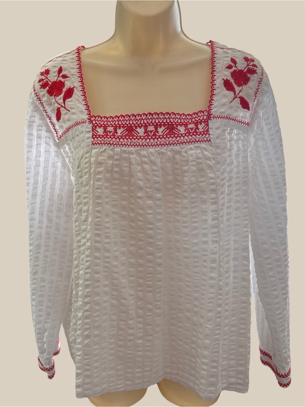 J. Crew White Red Embroidered Square Neck Seersucker Peasant Folk Blouse SZ XL